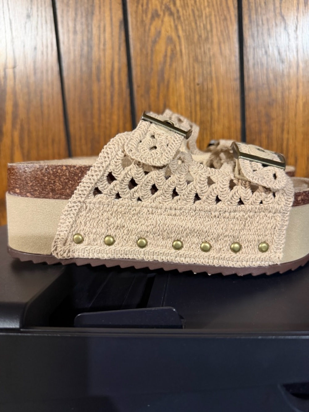 Madden Girl Beige Crochet Double-Buckle Slide Sandals